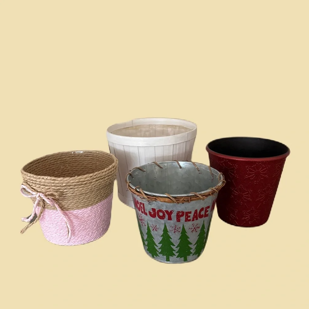 Set of 4 Decorative Indoor Plant Pots - Pink, White, Red, and Holiday Tin